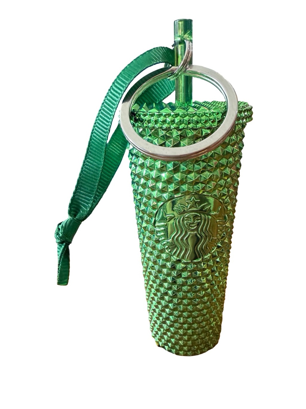 Starbucks Metallic Green Studded Tumbler Keychain with Ribbon Loop